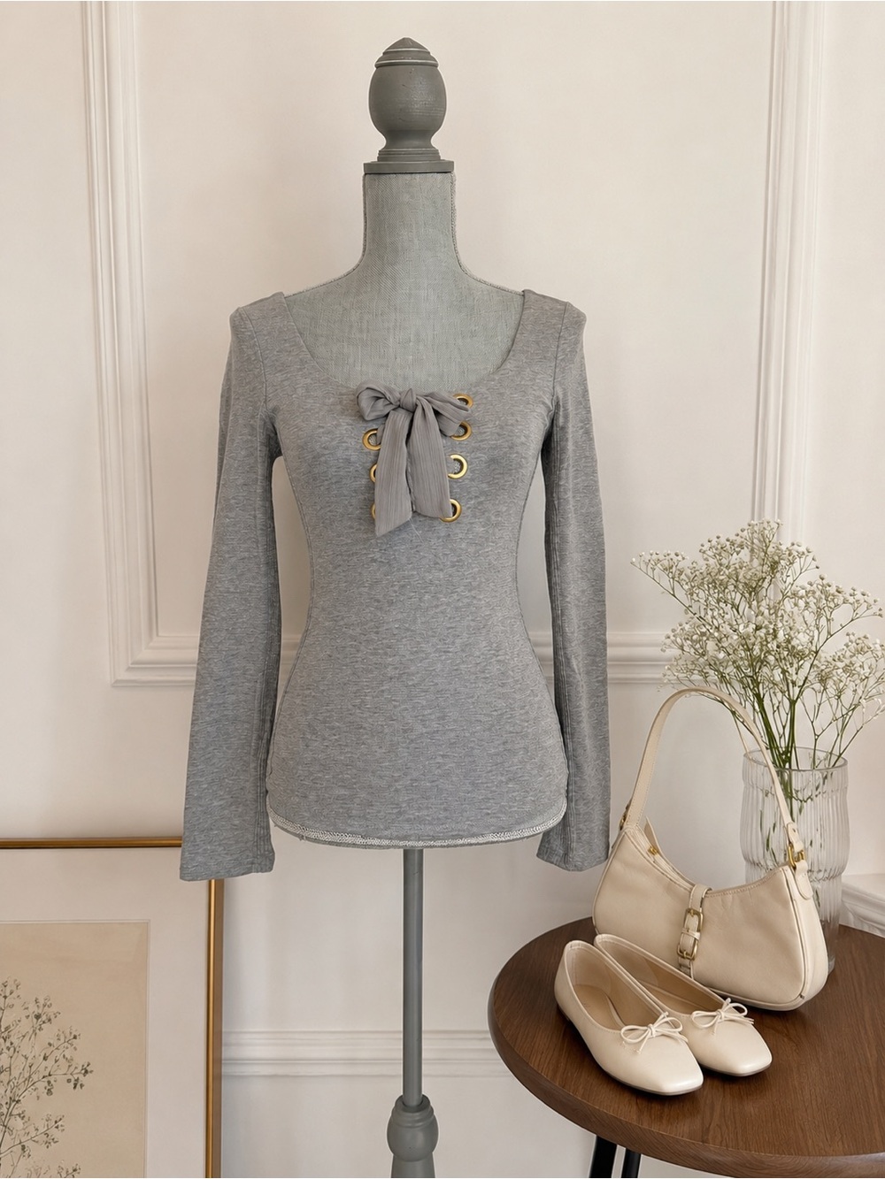 Free People Grey Lace-Up Scoop Neck Long Sleeve Top